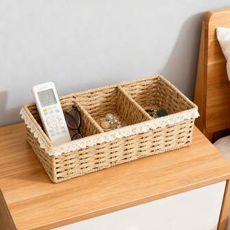 1 Pc Woven Storage Basket, Desktop Tea Table Storage Box, Snacks And Cosmetics Storage Basket, Rattan Woven Storage Box