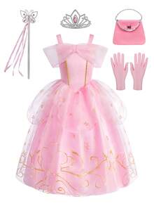 6pcs/Set Girls Pink Floral Pattern Sleeveless Dress, Gloves, Crown, Magic Wand, Handbag, Children Christmas Halloween Costume Dress Set - Pink - View 12