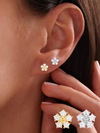 1 Peça Conjunto de Brincos de Prata Pura 925 com Zircônio e Flor de Cinco Diamantes, Estilo Artístico Feminino