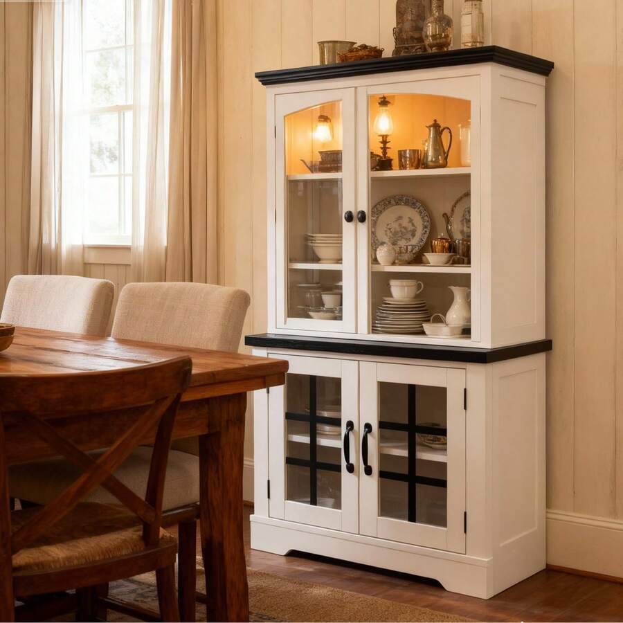 Aparador con espacio de almacenamiento, puertas de cristal, toma de corriente integrada y placa superior con relieve negro, ideal para cocina, barra de café, despensa y sala de estar. - Blanco y Negro - Ver 1