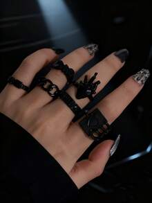 6pcs Punk Style Dripping Oil Heart Letter Poker Card Rings Set For Women