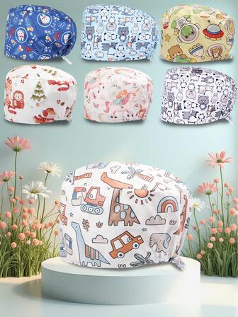 1顶涤纶卡通鹿印花可调节透气防护帽，适合牙医、厨师、男女通用，四季皆宜。