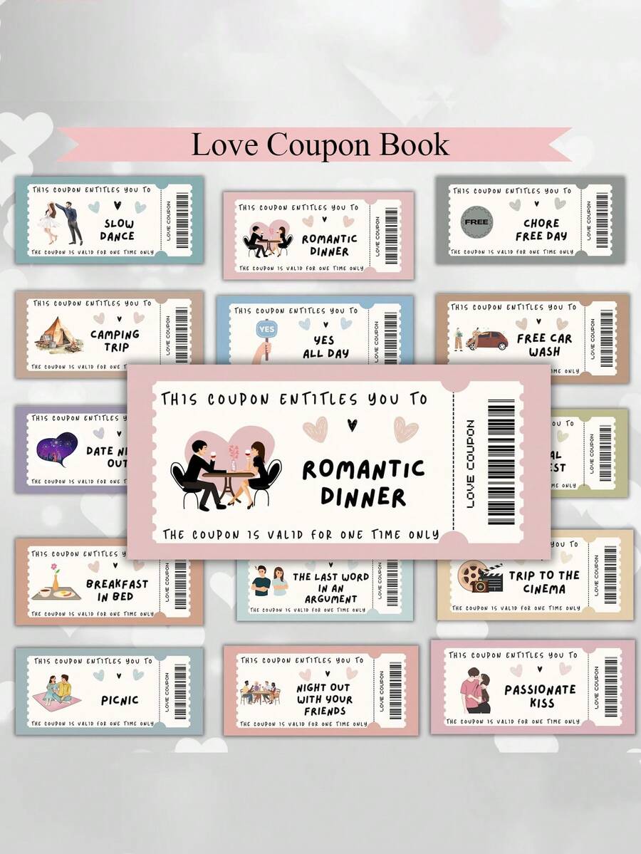 情人节情侣折扣券和邮票，男友优惠券册，男友情人节礼物优惠券册，生日周年纪念优惠券，生日礼物，情人节礼物