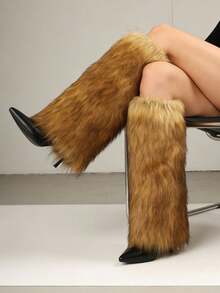 Women's Fluffy Fur Pointed Toe Stiletto Heels Knee High Boots Holiday Vacay Vibe For Elegant Fashionable Boots Spring Summer Party Evening Gala - 棕色 - 查看 5