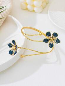 1pc Elegant Floral Enamel Metal Bangle Bracelet, Luxury Design, 2025 New Arrival - Blue - View 2