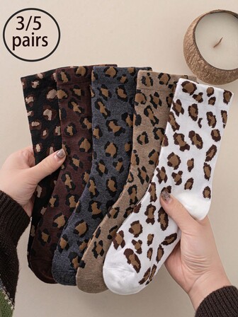 3/5 Pairs Women Leopard Print Mid-Calf Socks, Classic Brown Series, Fashionable Gift Socks, Casual Versatile Sports Socks, College Style