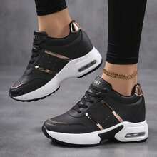 Damen-Sportschuhe, bequeme und vielseitige Damen-Sportschuhe mit Höhenverstärkung, Damen-Laufschuhe für draußen - schwarzes Gold - Übersicht 2