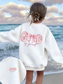 Tween Girl "GOD Is God" Slogan Print Crew Neck Long Sleeve Sweatshirt, Soft & Comfortable For Autumn/Winter - White - View 1