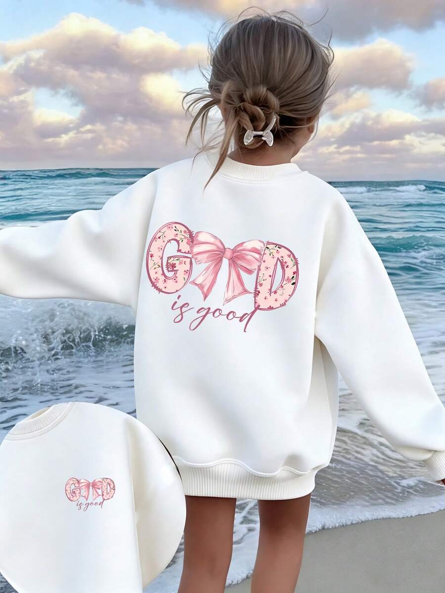 Tween Girl "GOD Is God" Slogan Print Crew Neck Long Sleeve Sweatshirt, Soft & Comfortable For Autumn/Winter - White - View 1
