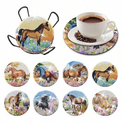 Diamond Art Coaster Set, 8 Pieces With Holder And Cork Pads, DIY Craft Wooden Coasters Spring Horse