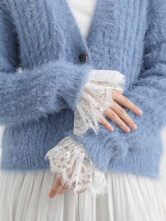 1 par de puños falsos de manga acampanada de tela, elegante bufanda de cuello de encaje blanco y negro, accesorio decorativo elegante para blusas