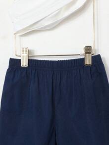 Ensemble 3 pièces pour fille : tenue de sport décontractée - débardeur blanc, t-shirt rose à manches courtes imprimé anglais, short rose - bleu indigo - Voir 9