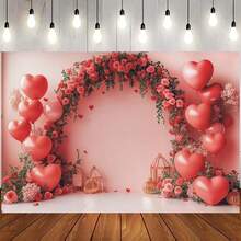 2D Flat Banner 1pc Romantic Valentine's Day Backdrop | Heart And Rose Arch Design | Durable Photography Backdrop | Perfect For Bridal Showers, Engagements, And Celebrations - 1 PCS (1 Piece) - View 6