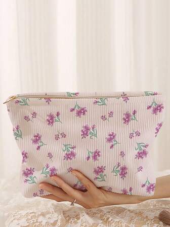 1 pieza Bolsa de maquillaje con cremallera doble cara con estampado floral, organizador de cosméticos portátil para viajes, bolsa de almacenamiento multifuncional para artículos de tocador, regalo del Día de San Valentín