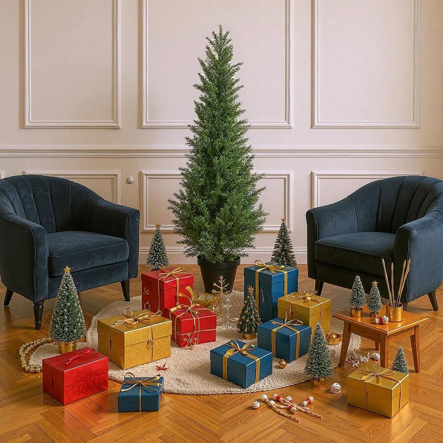 Árboles topiarios de cedro artificial de 1,5 m (juego de 2), cipreses artificiales realistas, arbustos altos de pino artificial y cipreses artificiales para decoración de interiores, oficinas y porches. - Verde - Ver 1