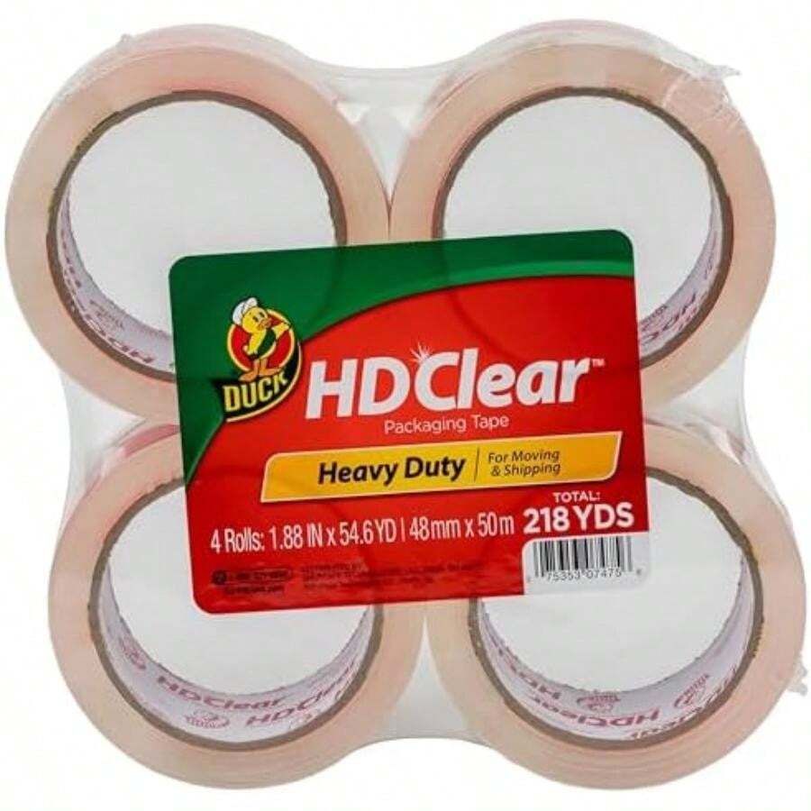 Duck Brand HD Cinta transparente de alto desempeño para embalaje, Rollo de 50 m,(4 paquetes) - Multicolor - Ver 1