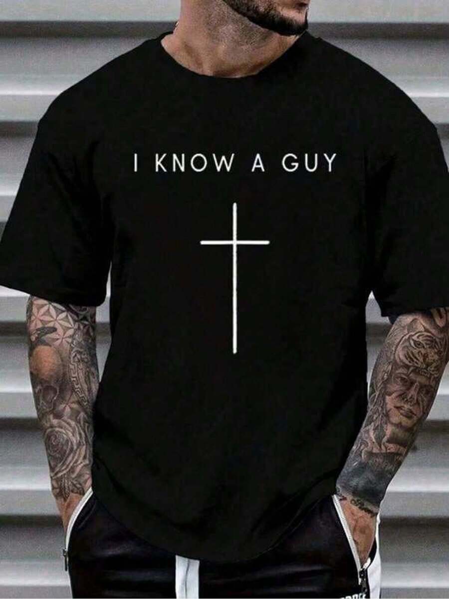 1pc Mens Clothes Cross Inscription Print Black TShirt, Unisex Casual Crew Neck Tshirt, Plus Size Men's Clothing 5XL, Lightweight 180gsm Knit Fabric, Machine Washable, For Spring/Summer/Fall Valentine's Day,Easter,Thanksgiving - 黑色 - 查看 1
