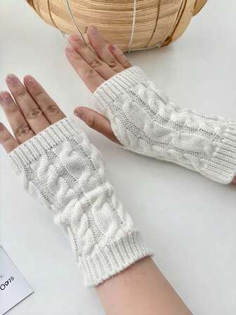 女士加绒半指手套，保暖露指针织手套，适合书写和户外活动，秋冬季，上学