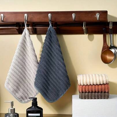 5件套豪华柔软毛巾套装 - 超强吸水速干手巾 - 多用途 11.8*11.8 英寸，适用于家庭、浴室和日常使用 - 必备家居用品，不掉毛，带挂环，适合户外、厨房和旅行