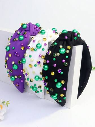 1pc St. Patrick's Day Women's Solid Green, Purple, White Pearl, Yellow, Green, Purple Rhinestone Retro Party Polyester Wide Headband, Hairband, Hair Hoop
