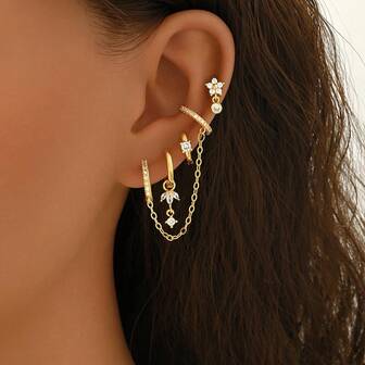 1 Set Fashionable Casual Geometric Luxury Zirconia Inlaid Design Layered Chain Women Versatile Earrings