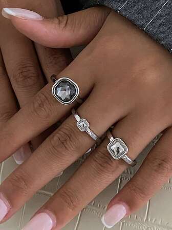 3款欧美小众轻奢亚克力钻石叠层几何金属方形几何戒指套装