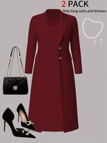 Plus Size Women 2-Piece Set, Elegant Outfit: Solid Color Minimalist Long Cardigan Jacket + Sleeveless Bodycon Midi Dress, Suitable For Commuting And Daily Wear, Spring/Autumn/Winter - Burgundy - View 2