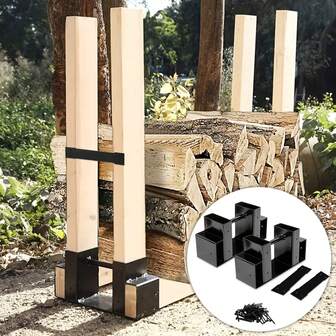 Outdoor DIY Firewood Log Storage Rack Bracket Kit, Metal Durable Fireplace Wood Storage Holder For Outdoor Patio Garden Indoor Fireplaces Deck, Heavy Duty (2 Brackets Kits And 2 Connectors)