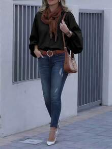 British Style Woven Lantern Sleeve Blouse Black Spring - Black - View 5
