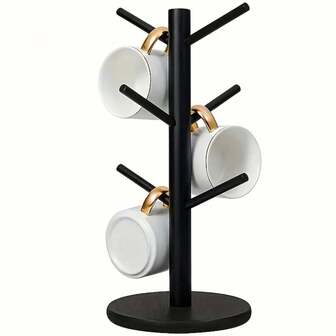 Árbol de tazas de café de madera con 6 ganchos, soporte para tazas de café para mostrador, accesorios y decoración de barra de café, estación de almacenamiento de café esencial