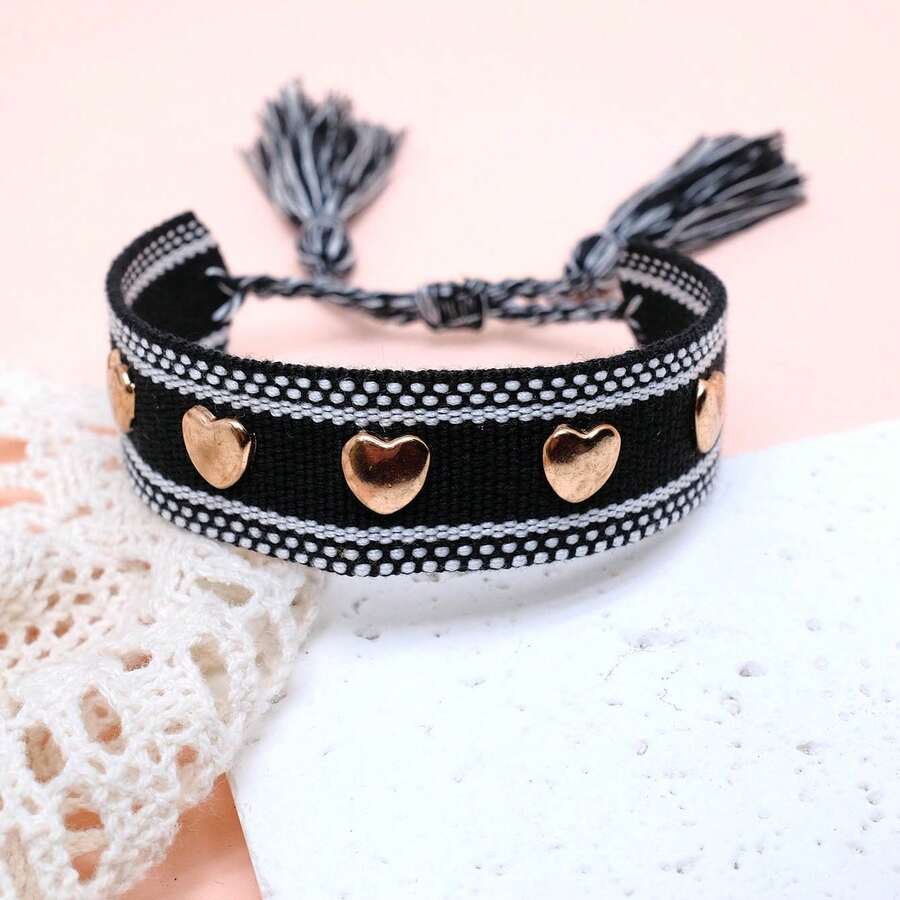 1pc Rivet Heart Bohemian Bracelet - Black - View 1
