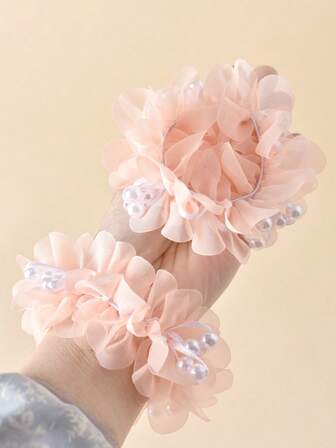 2 Pieces Of Girls' Sweet White High-Elastic Beaded Hair Rings