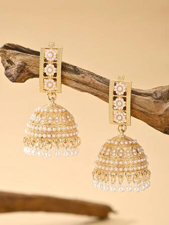 优雅仿珍珠镶嵌耳环，宝莱坞风格串珠流苏耳环，仿珍珠首饰配饰，适合女性，适合日常、节日、婚礼、派对佩戴，斋月首饰礼品