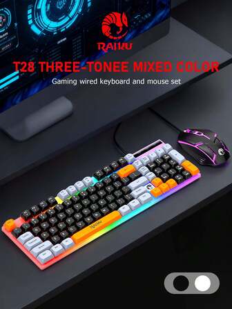 RAIKU K28/T28 Customized Gaming Keyboard & Mouse Set, Tri-Color Wired Backlit 98-Key Mechanical Feel Desktop Computer Office Keyboard