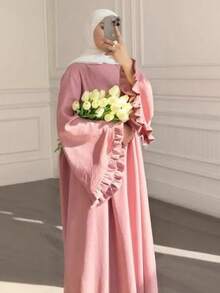 1pc Elegant Plus Size Muslim Dress, Ruffle Sleeve Design, Pleated Front, Versatile To Pair With Khimar Or Any Abaya/Muslim Dress, Casual, Polyester, All Season - Nhiều màu - Xem 2