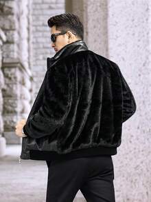 Men's Faux Fur Collar Warm Jacket, Winter - Black - View 2