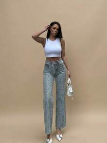 SQUALO Dark Gray Jeans With Glittery Leopard Pattern For Going Out - Blue - View 1