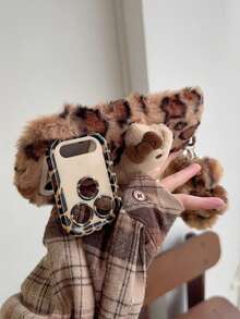 Sanrio Leopard Print Fluffy KT Cat Phone Case Compatible With Apple 17PROMAX/16pro/15/14/13/12/11, Lens Holder, Fluffy Leopard Cat Design, Warm Phone Case For Autumn/Winter - Multicolor - View 6