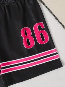 2pcs/Set Young Girl Letter Print V-Neck Digitally Printed Short Sleeve Shorts Set, Suitable For Summer Outings And Everyday Wear (Polyester) - Black - View 7