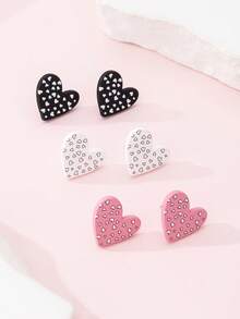 3 Pairs/Set Romantic Heart Enamel Faux Soft Pottery Design Fashion Stud Earrings Set For Women, Perfect Gift For Valentine's Day, Party - Multicolor - View 3