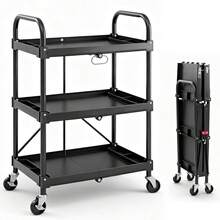 Sweetcrispy 3-Tier Folding Utility Cart, Collapsible Service Cart With 4 Swivel Wheels & Brakes, 120LBS Capacity & Collapsible Storage Rolling Cart For Kitchen, Office, Garden, Garage, Black - màu đen - Xem 1