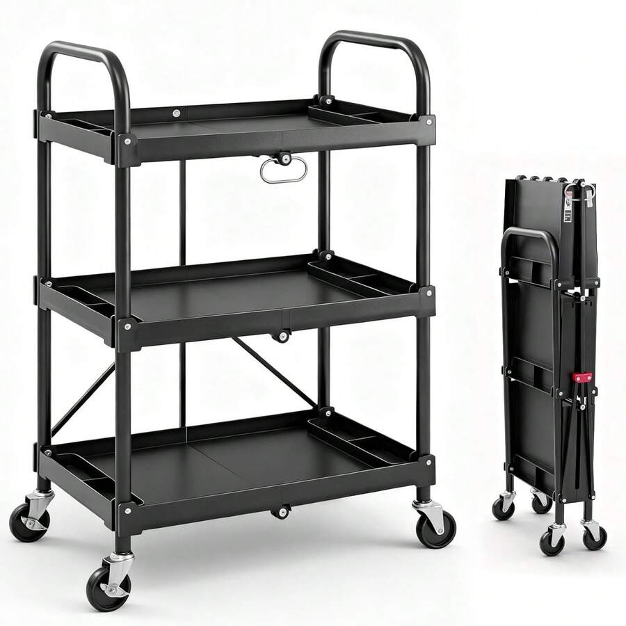 Sweetcrispy 3-Tier Folding Utility Cart, Collapsible Service Cart With 4 Swivel Wheels & Brakes, 120LBS Capacity & Collapsible Storage Rolling Cart For Kitchen, Office, Garden, Garage, Black - màu đen - Xem 1