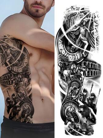 1 hoja de tatuajes temporales de gran tamaño para todo el brazo para hombres, con diseños de flores, caballos, guerreros vikingos honrados, líderes romanos y rosas. Tatuajes falsos impermeables para mangas que duran de 2 a 5 días, cubren cicatrices y se pueden usar en brazos, muñecas, hombros, piernas, cintura, cuello, pecho, muslos y dedos. Ideal para fiestas con amigos y parejas.