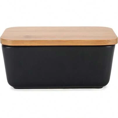 Nat & Jules Matte Black 6.5 X 4 Ceramic And Bamboo Butter Dish With Lid
