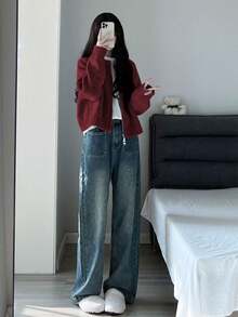 Warm Reversible Zip-Up Cardigan Sweater For Women, Autumn/Winter, Back To School Season - Jujube Red - View 4