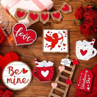 Set de decoración del Día de San Valentín, que incluye 1 set de bandeja de madera con decoración en capas, con un logotipo en forma de corazón, rosas rojas y blancas y adornos con forma de corazón, adecuado para bodas, fiestas y decoración de escritorio estilo granja para el Día de San Valentín, ideal para la decoración del hogar en el Día de San Valentín