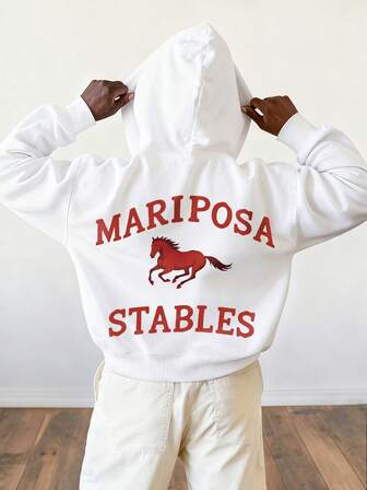 Herr Casual Sport Pendling Mångsidig Röd Hästtryckt Hoodie Med Fleecefoder