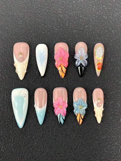 10 Pieces Of Handcrafted Nail Embossing 33mm Stiletto Nails French Gradient Hand-Painted Lines Multicolor 3D Carving Technology Multicolor Decoration Versatile Suitable For Women To Wear Available In Three Sizes Suitable For Various Occasions, Parties, Dances, And Daily Activities