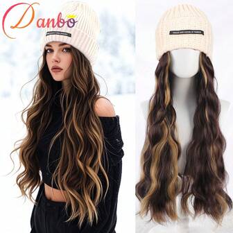 22英寸长直卷波浪帽假发，合成纤维材质，带弹力针织帽 - 针织帽假发，高温丝，100%密度，自然逼真，适合日常佩戴，基础款