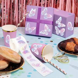 500 piezas/Rollo Pegatinas de mariposas con garabatos, pegatinas holográficas para envolver regalos de vacaciones, manualidades de scrapbooking, fiestas de Navidad, bodas, decoración de cajas de regalo de cumpleaños, decoración del hogar con pegatinas autoadhesivas